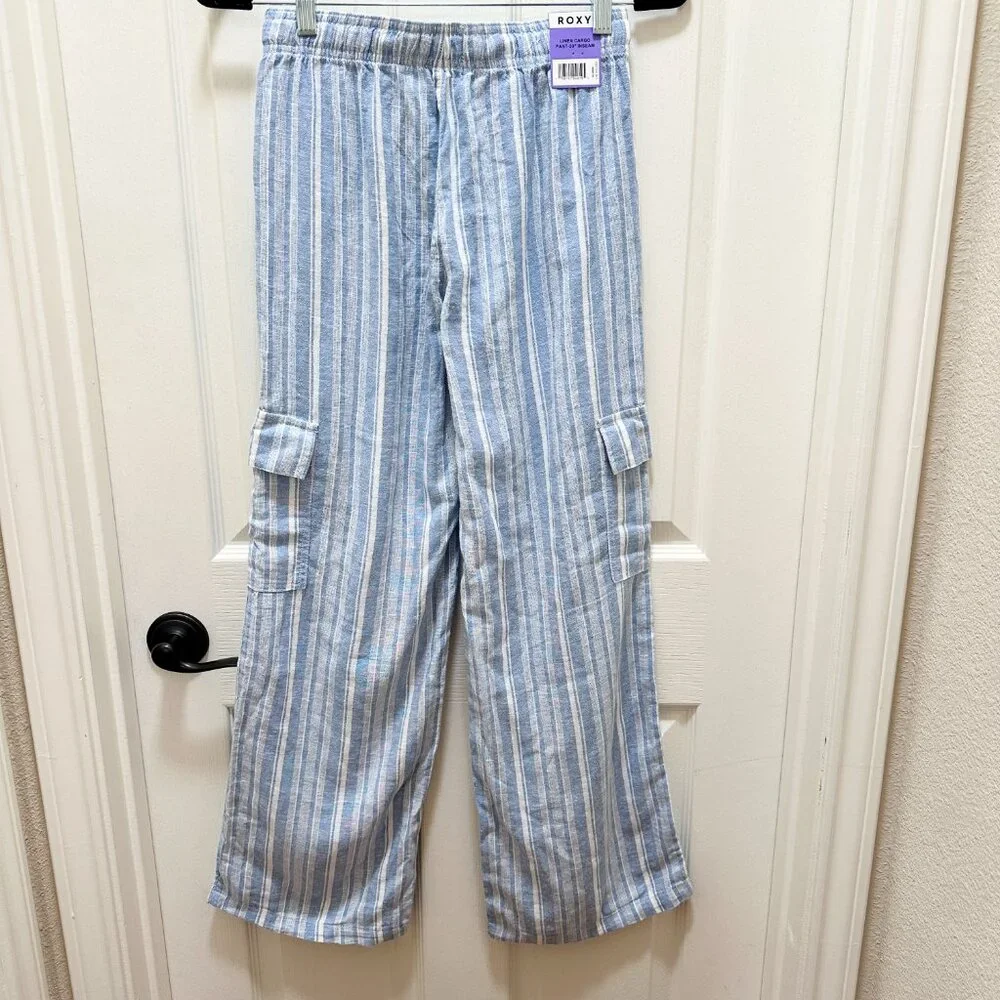 Roxy Women's Linen Blend Cargo Pant Size XS Blue Cottagecore Coastal Boho (NEW)